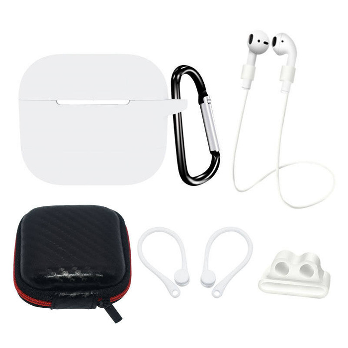 Set custodia in silicone per AirPods 3 + custodia/gancio per l&#39;orecchio/cinghia da collo/supporto per cinturino dell&#39;orologio/chiusura a moschettone | Bianco