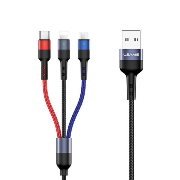 Kabel Opletený USAMS 3v1 Lightning MicroUSB USB-C 2A Fast Charge 0,35 m černý