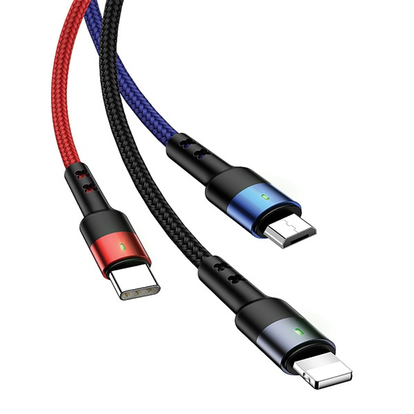 Kabel Opletený USAMS 3v1 Lightning MicroUSB USB-C 2A Fast Charge 3m černý