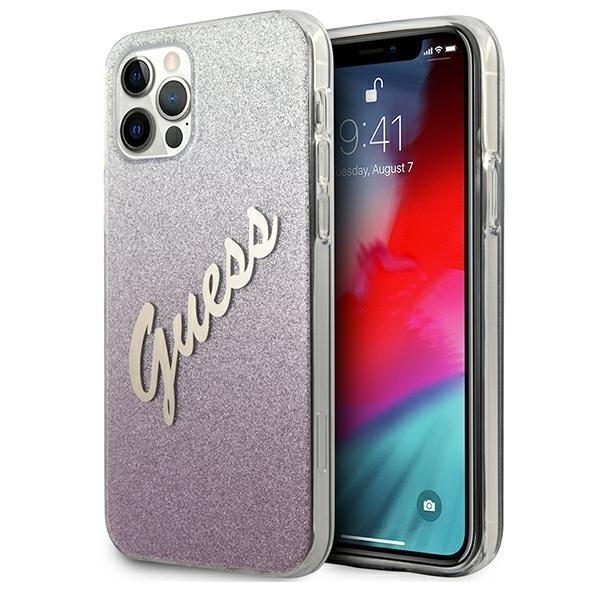 Pouzdro GUESS Apple iPhone 12 Pro Max Glitter Gradient Script GUHCP12LPCUGLSPI Pink Hardcase