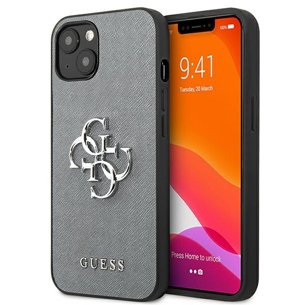 Pouzdro GUESS Apple iPhone 13 Saffiano 4G kovové logo šedé pevné pouzdro