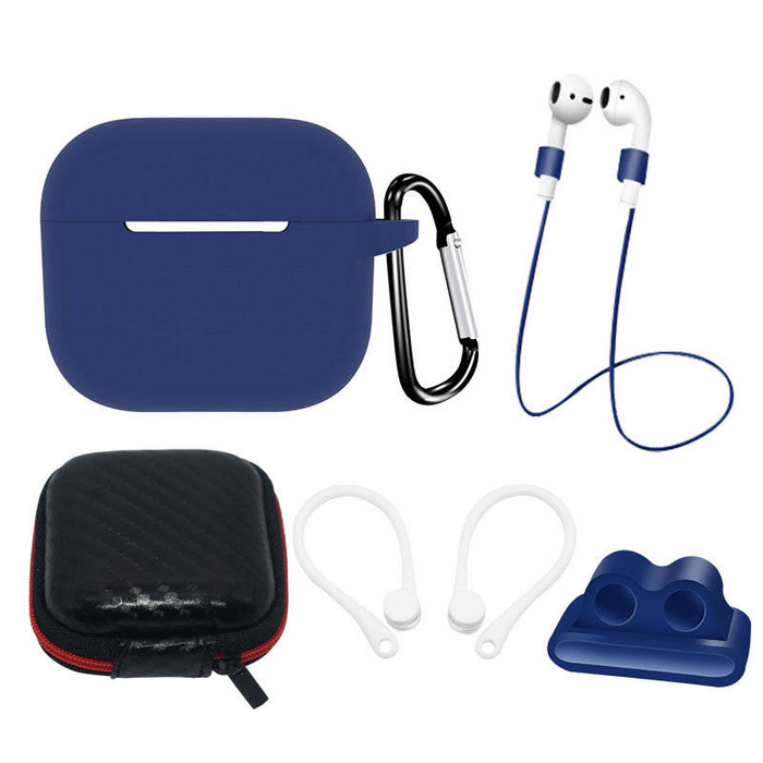 AirPods 3 Silikonhüllen-Set + Hülle/Ohrbügel/Umhängeband/Uhrenarmbandhalter/Karabinerverschluss | Blau