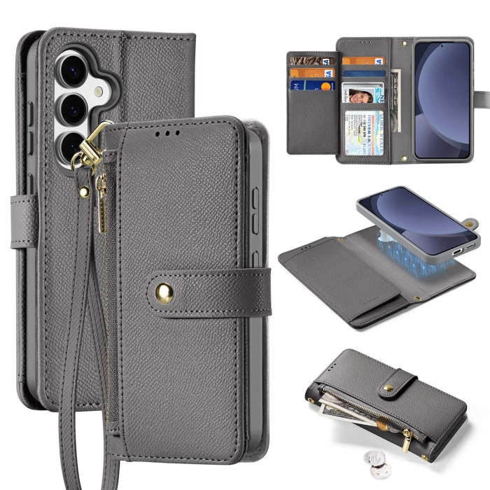 Dux Ducis Lawa Lederhülle für Samsung Galaxy S25 mit abnehmbarer magnetischer Brieftasche – Grau