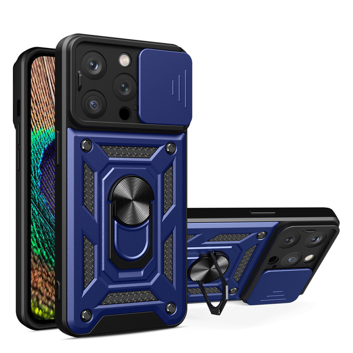 Funda Hybrid Armor Camshield para iPhone 15 Pro con función atril y tapa para cámara - Azul