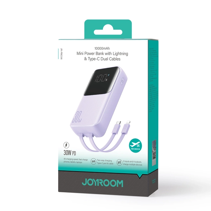 Powerbank Joyroom 30W 10000mAh con cavi Lightning e USB-C integrati viola (JR-PBC06)