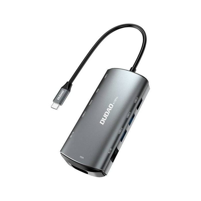 HUB multifunzionale Dudao 11in1 USB tipo C - USB tipo C PD 60 W / HDMI / mini jack da 3,5 mm / 1x USB 2.0 / lettore di schede SD micro SD / VGA / RJ45 / 3x USB 3.2 Gen 1 grigio (A15Pro grigio)