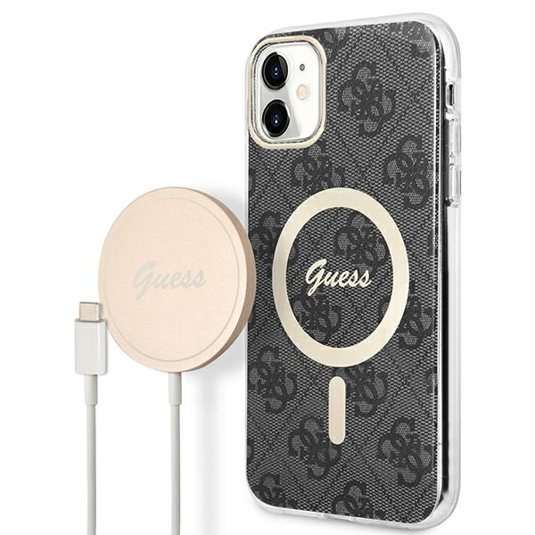 Sada Pouzdro Guess Case+ nabíječka iPhone 11 6,1" černá/černá tvrdá case 4G Print MagSafe