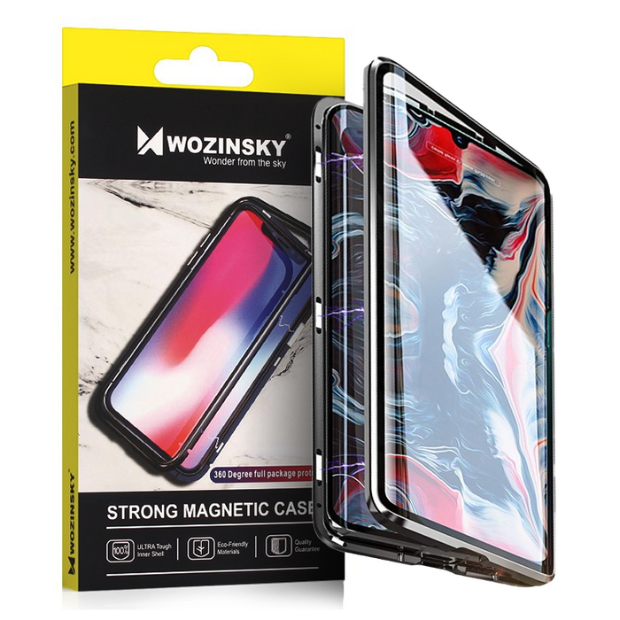 Wozinsky Full Magnetic Case Magnetic 360 Case Cover anteriore e posteriore con vetro integrato Samsung Galaxy A72 4G nero-trasparente