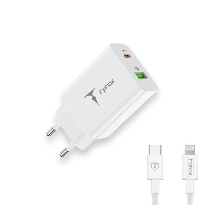 T-PHOX SPEEDY USB-C 20W/USB 18W PD QC + LIGHTNING CABLE 1M WHITE/WHITE