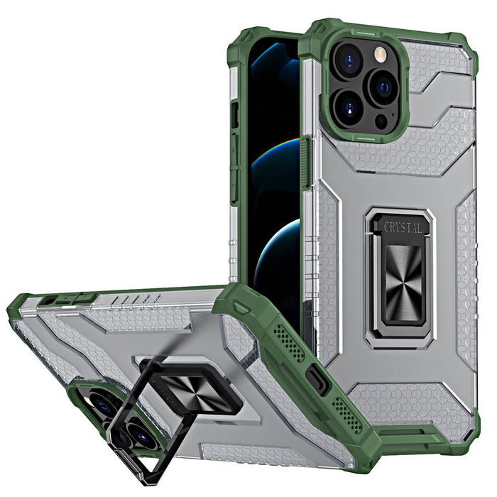 Křišťálový kroužek Case obrněný hybridní pouzdro kryt + magnetic držák iPhone 13 Pro Max zelený