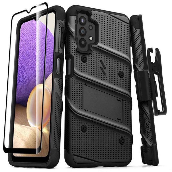 Serie Funda BOLT - Funda Samsung Galaxy A32 5G blindada con cristal 9H para la pantalla + Soporte con soporte (negro)