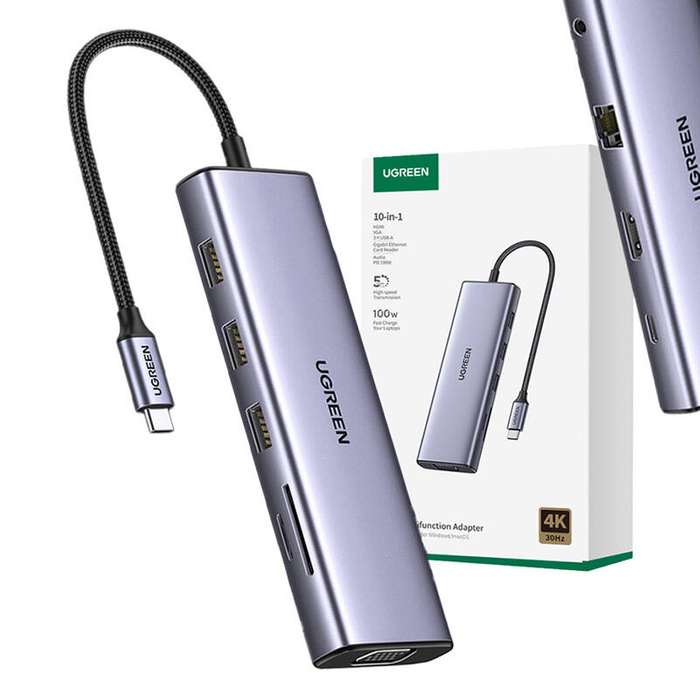 UGREEN CM498 10 az 1-ben adapter USB Hub 3x USB-A 3.0, HDMI, VGA, RJ45, SD/TF, AUX3.5mm, PD átalakítóra