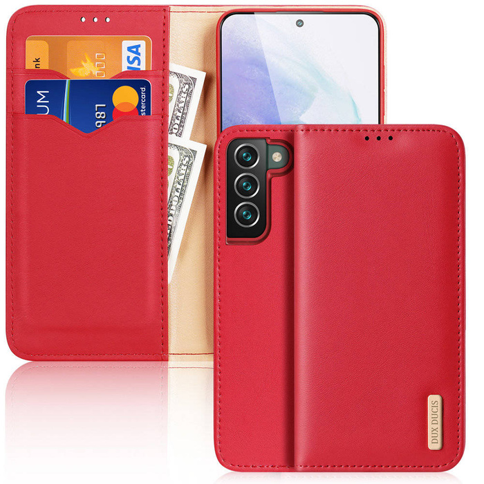 Dux Ducis Hivo Telefontok Flip Cover Valódi bőr pénztárca kártyákhoz és dokumentumokhoz Samsung Galaxy S22 + (S22 Plus) Red