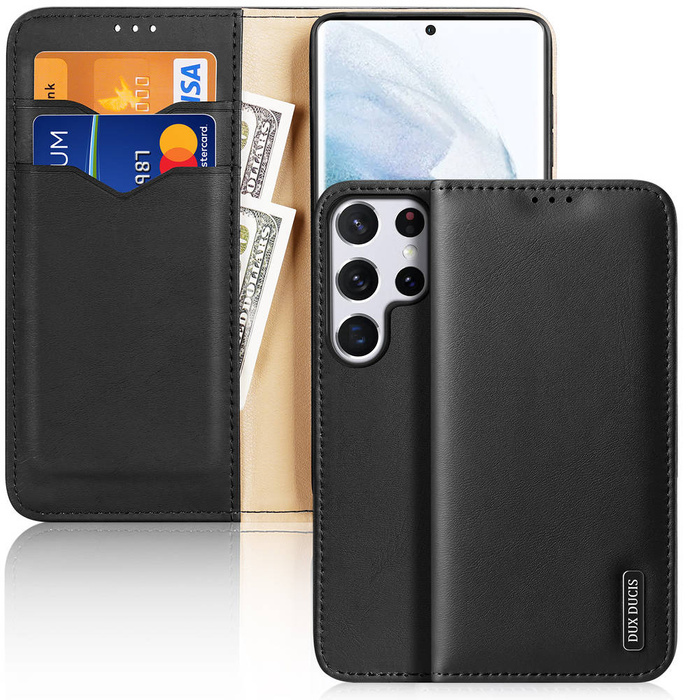 Dux Ducis Hivo Telefontok Flip Cover Valódi bőr pénztárca kártyákhoz és dokumentumokhoz Samsung Galaxy S22 Ultra Black