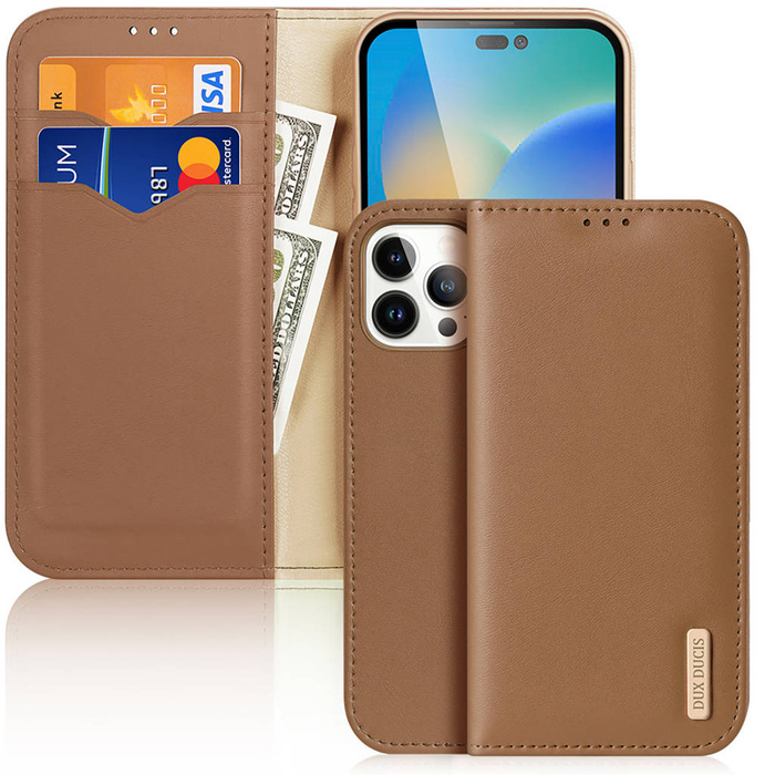 Dux Ducis Hivo Leather Flip Cover Originální kožená peněženka na karty a dokumenty iPhone 14 Pro Max Brown