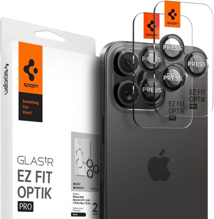 PROTECTEUR DE CAMÉRA Spigen OPTIK.TR "EZ FIT" PROTECTEUR DE CAMÉRA 2-PACK IPhone 14 PRO / 14 PRO MAX / 15 PRO / 15 PRO MAX / 16 PRO / 16 PRO MAXNOIR