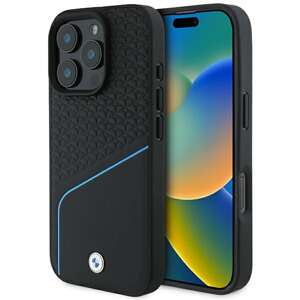 Hülle BMW iPhone 16 Pro 6.3" schwarz/schwarz hartcase Schild Leder strukturiert und Linie MagSafe