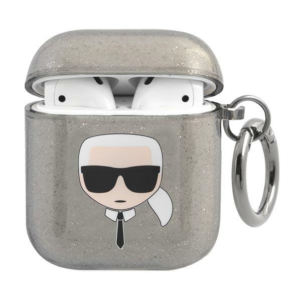 KARL Pouzdro Apple AirPods Cover Glitter Karl`s Head Black Case