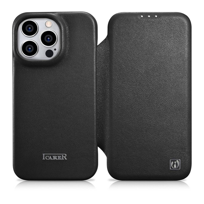 iCarer CE prémiové kožené pouzdro Folio iPhone 14 Pro Flip Magnetic MagSafe Black (WMI14220714-BK)