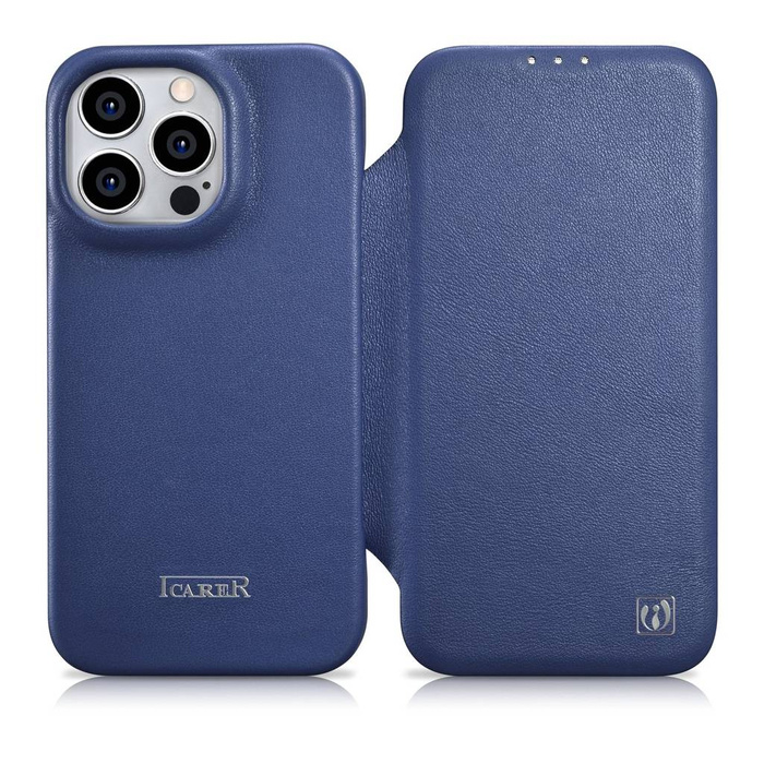 iCarer CE Étui folio en cuir de qualité supérieure pour iPhone 14 Pro Max Flip magnétique MagSafe Bleu (WMI14220716-BU)