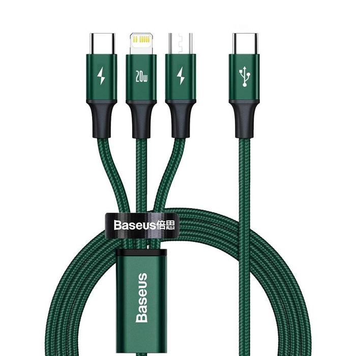 Baseus Rapid 3v1 USB Type C - USB Type C / Lightning / micro USB kabel 20 W 1,5 m zelený (CAMLT-SC06)