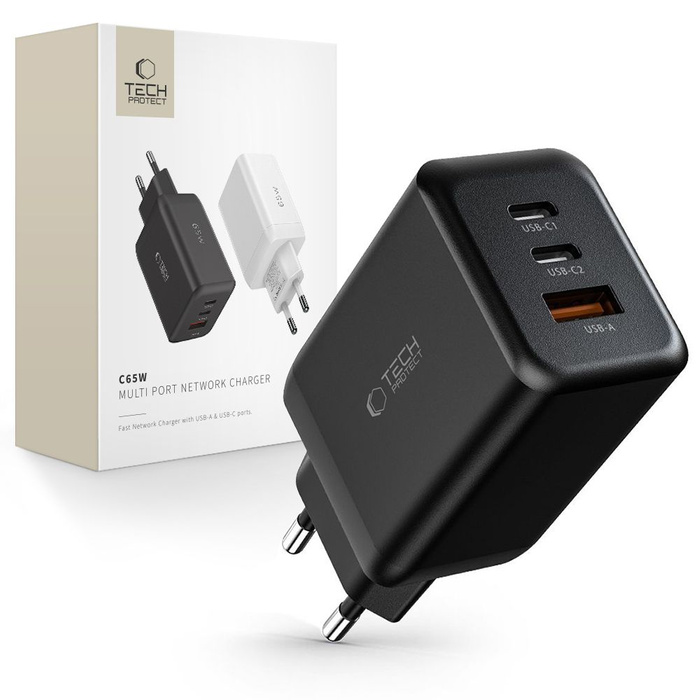 TECH-PROTECT C65W 3-PORT NETZWERK-LADEGERÄT PD65W/QC3.0 SCHWARZ