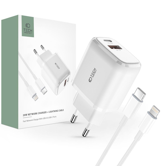 TECH-PROTECT C20W 2-PORT NETZWERK-LADEGERÄT PD20W/QC3.0 + LIGHTNING-KABEL WEISS