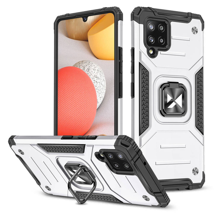 Wozinsky Ring Armor Tough Hybrid Case Cover + Magnethalterung für Samsung Galaxy A42 5G silber