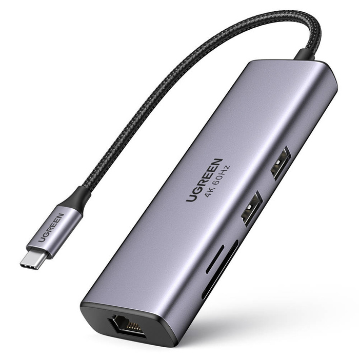 Ugreen 7v1 multifunkční HUB USB Type C - 2x USB 3.2 Gen 1 / HDMI 4K 60Hz / čtečka karet SD a TF / USB Type C PD 100W / RJ45 1000Mbps (1Gbps) šedá (60515 CM512)