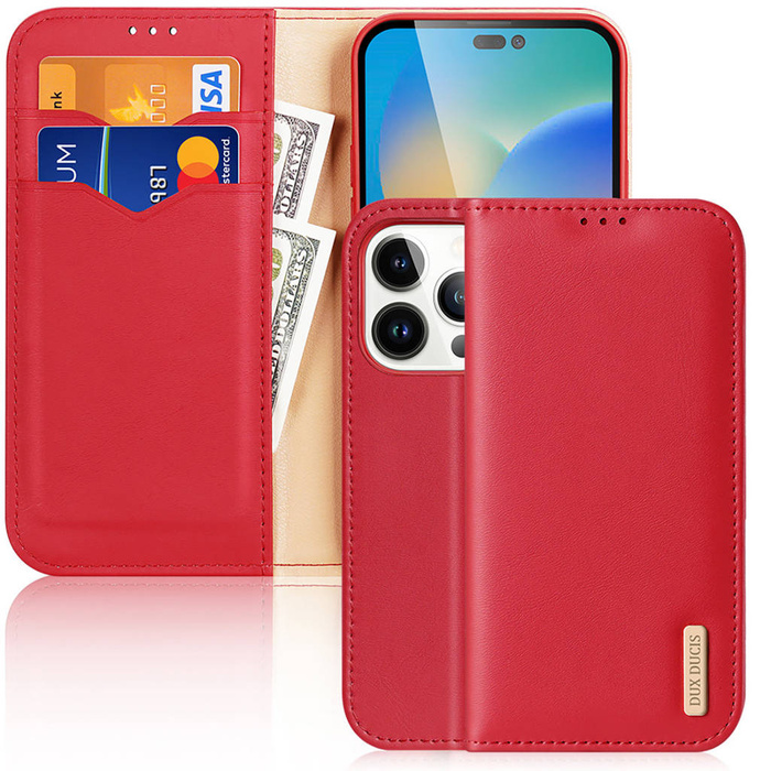 Dux Ducis Hivo Leather Flip Cover Portefeuille en cuir véritable pour cartes et documents iPhone 14 Pro Rouge