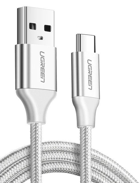 Poniklovaný kabel USB-C QC3.0 UGREEN 0,25 m s hliníkovou zástrčkou bílý