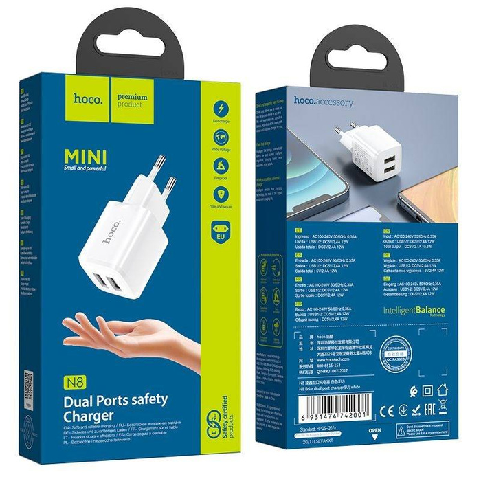 Chargeur secteur HOCO 2xUSB 2.4A N8 Briar blanc