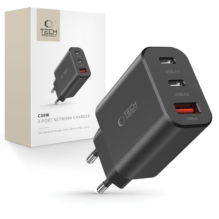 TECH-PROTECT C30W 3-PORT NETZWERK-LADEGERÄT PD30W/QC3.0 SCHWARZ