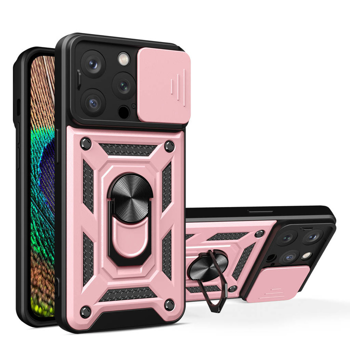 Custodia Camshield Hybrid Armor per iPhone 15 Pro Max con cavalletto e cover per fotocamera - rosa