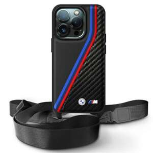 Hülle BMW iPhone 16 Pro schwarz/schwarz hartcase M Edition Carbon Tricolor Lines & Strap