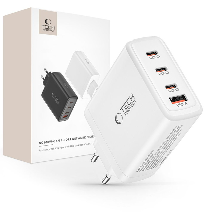 TECH-PROTECT NC100W-GAN CARICATORE DI RETE A 4 PORTE PD100W/QC3.0 BIANCO