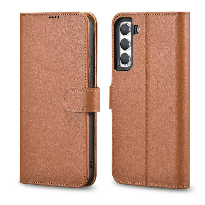 iCarer Haitang Leather Wallet Case cuir coque pour Samsung Galaxy S22+ (S22 Plus) étui portefeuille couverture brun (AKSM05BN)