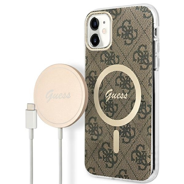 Sada Pouzdro Guess Case+ nabíječka iPhone 11 6,1" hnědá/hnědá tvrdá case 4G Tisk MagSafe