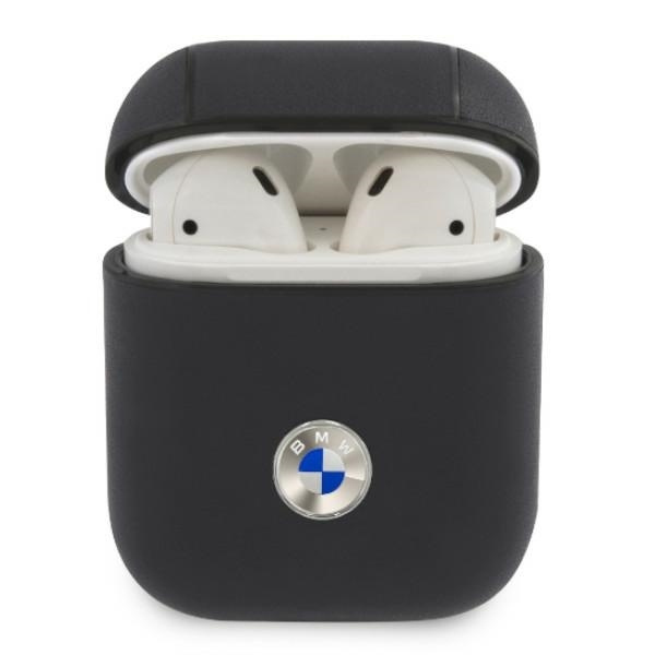 Coque BMW Apple AirPods Cover Geniune Leather Silver Logo Navy Blue Case