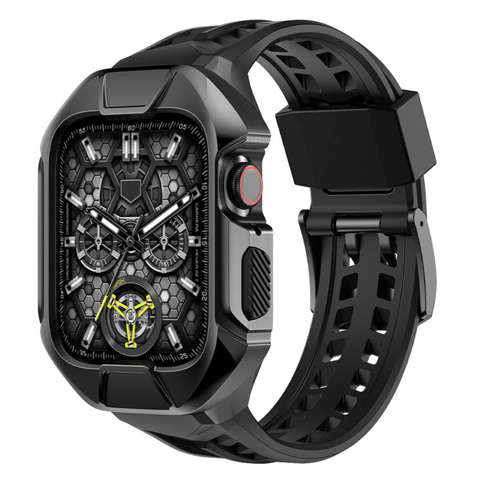 Kingxbar CYF136 Bracelet 2 en 1 pour Apple Watch Ultra, SE, 8, 7, 6, 5, 4, 3, 2, 1 (49, 45, 44, 42 mm) avec boîtier intégré en acier inoxydable Noir