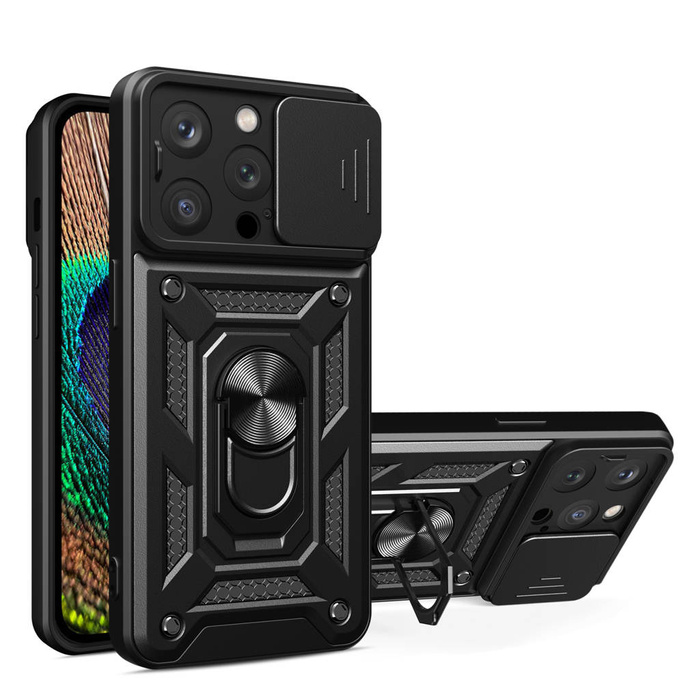 Armor Camshield Hülle mit Ständer und Kameraabdeckung für iPhone 15 Pro Max Hybrid Armor Camshield – Schwarz