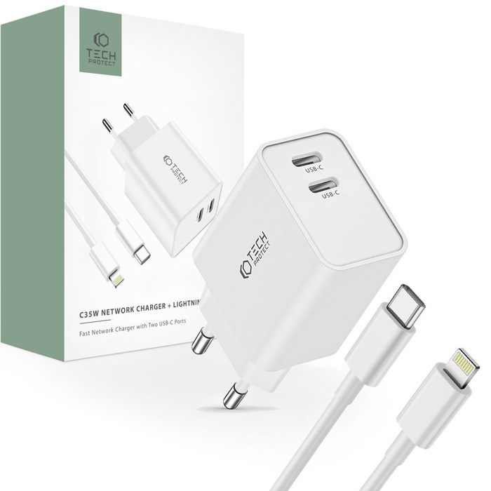 Tech-protect C35w 2-Port Netzwerk Ladegerät Pd35w + Lightning Kabel Weiß