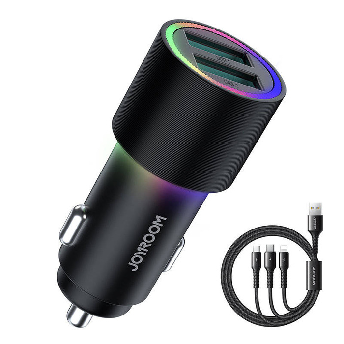 Joyroom auto nabíječka 2 x USB s osvětlením 24W + kabel napájení 3v1 USB typu C / micro USB / Lightning 1,2m černá (JR-CL10)