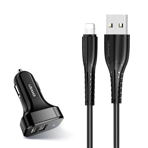 USAMS Autoladegerät 2xUSB USB Lightning Kabel Schwarz