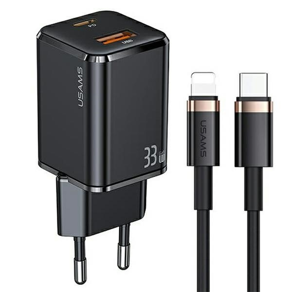 USAMS Network charge. 1xUSB-C+1xUSB T43 33W PD3.0 +QC3.0 + cable U63 USB-C to lightning black/black USKTZ01