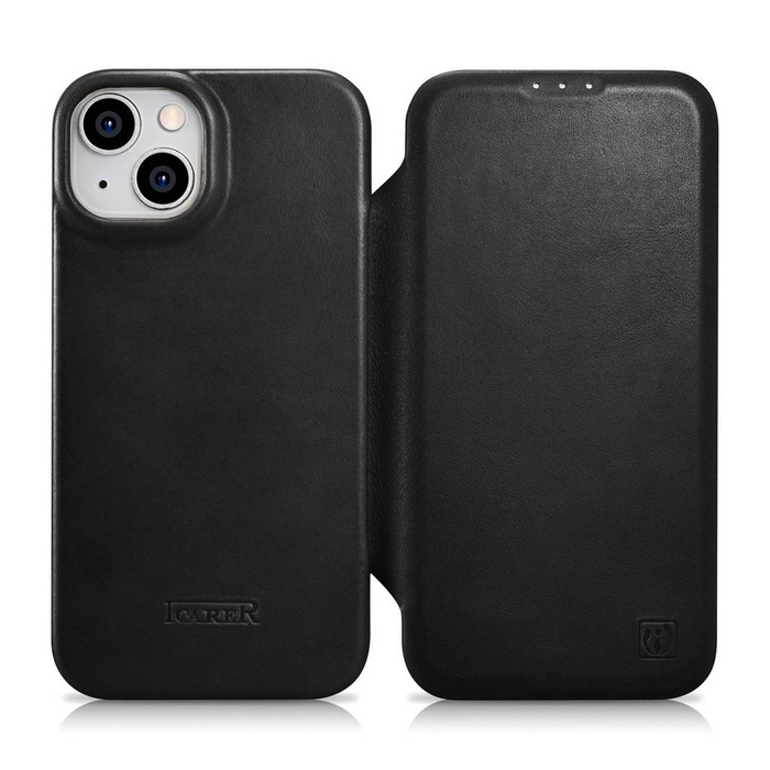 iCarer CE Oil Wax Premium Leather Folio Case Kožené pouzdro iPhone 14 Flip Magnetic MagSafe Black (AKI14220705-BK)