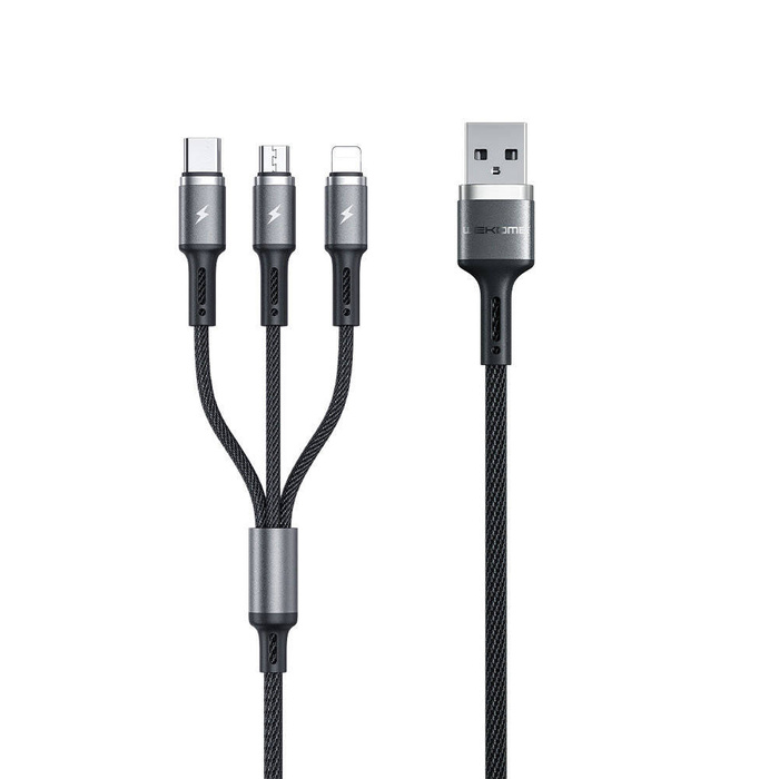 Cable 3 en 1 WK Design Gaming Series con terminales USB - USB Tipo C / Lightning / micro USB 1.2m 3A negro (WDC-150)