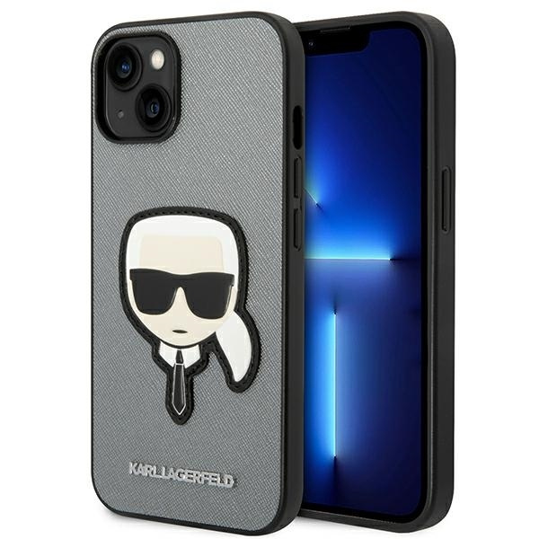 Case Karl Lagerfeld iPhone 14 6.1" silver/silver hardcase Saffiano Karl`s Head Patch