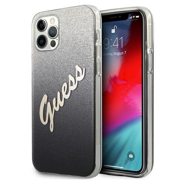 Pouzdro GUESS Apple iPhone 12 12 Pro Glitter Gradient Script GUHCP12MPCUGLSBK Černé pevné pouzdro