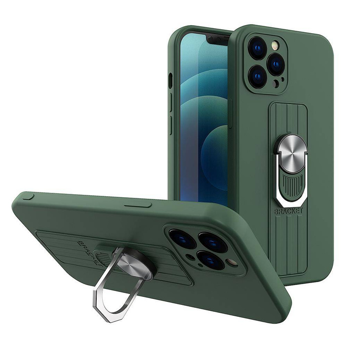 Pouzdro Prsten Case silikonový pouzdro s držákem prstem a stojanem pro iPhone 11 Pro tmavě zelený Case